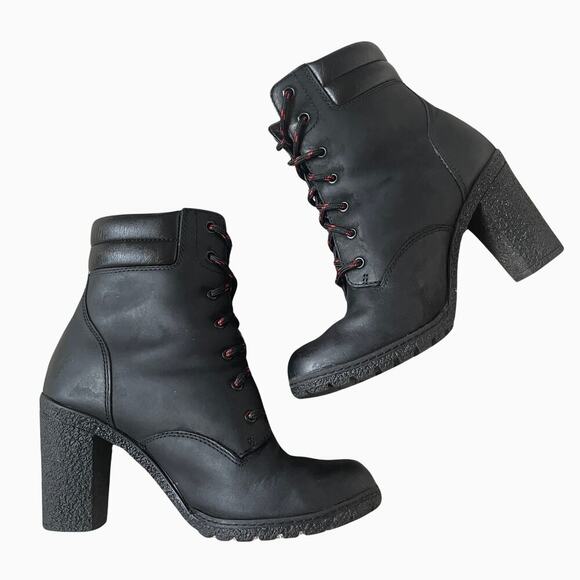 Rare Timberland Glancy Boots 7 Black Leather | Heel Lace Up Combat, Discontinued - Picture 2 of 15